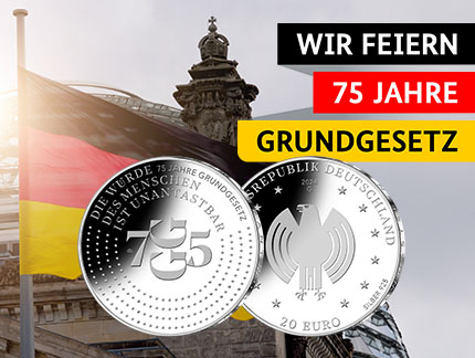 Illustration 20-euro collector's coin 75 years of the Basic Law with text We celebrate 75 years of the Basic Law