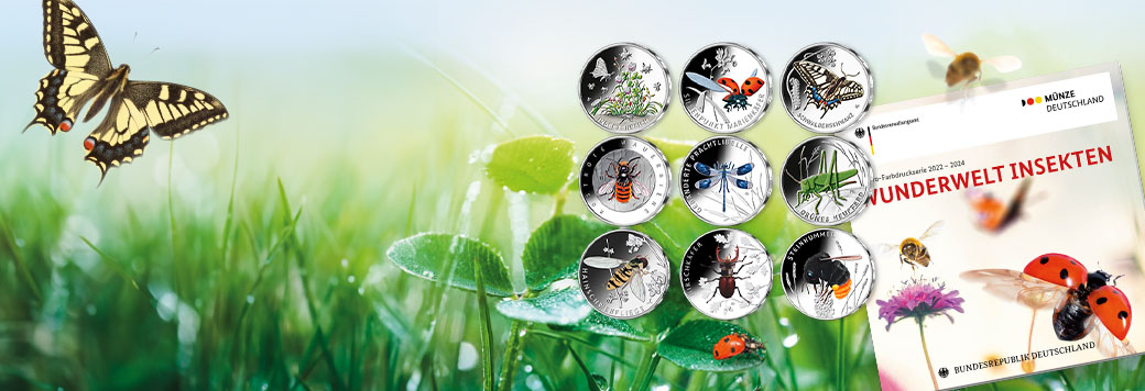 Illustration of colour print coins with green meadow and butterfly as background