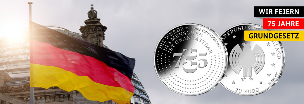 Abbildung 20-Euro-Silbermünze 75 Jahre Grundgesetz mit Text Wir feiern 75 Jahre Grundgesetz