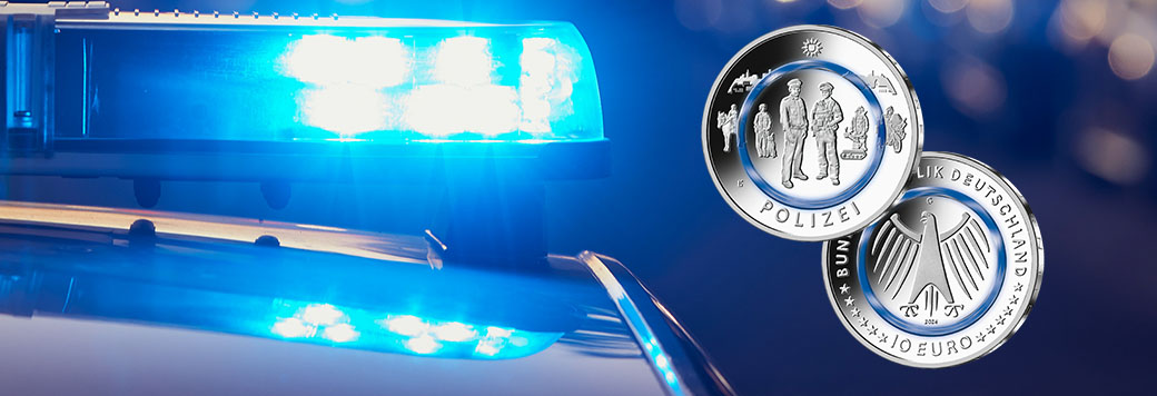 Illustration of 10-euro polymer ring coin Polizei with police car in the background