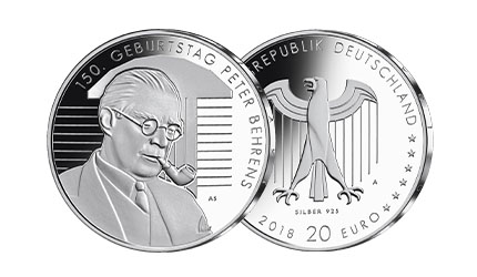 Bild- und Wertseite der 20-Euro-Silbermünze „150. Geburtstag Peter Behrens“ von 2018