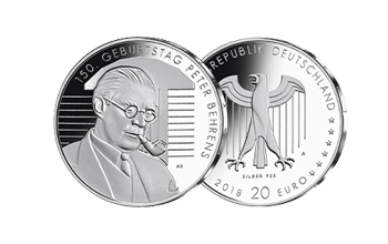 Bild- und Wertseite der 20-Euro-Silbermünze „150. Geburtstag Peter Behrens“ von 2018