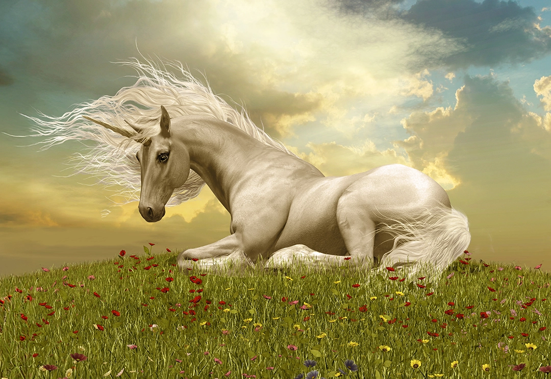 Auf einer grünen Wiese liegt ein Einhorn. Durch die Wolken am Himmel bricht die Sonne durch.