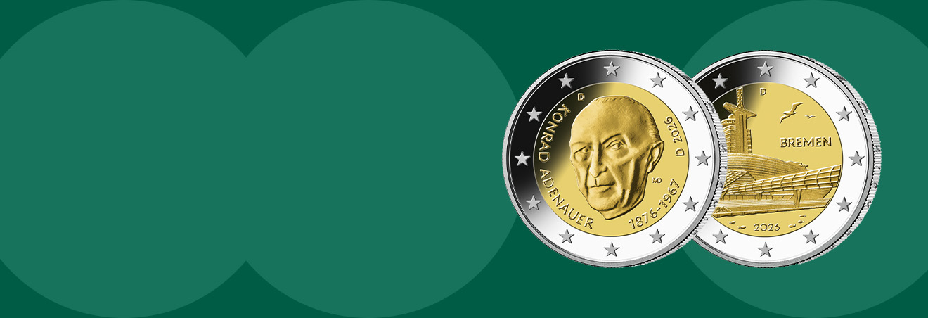 Vorderseiten der 2-Euro-Gedenkmünzen Konrad Adenauer und Bremen auf grünem Hintergrund