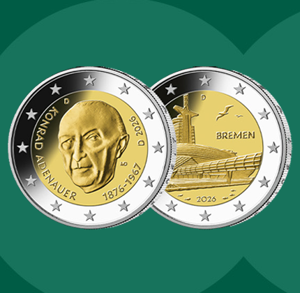 Vorderseiten der 2-Euro-Gedenkmünzen Konrad Adenauer und Bremen auf grünem Hintergrund 