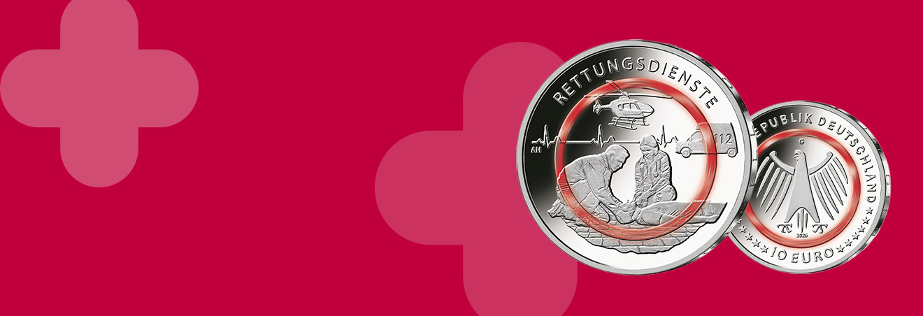 Vorder-und Rückseite der 10-Euro-Polymerring-Sammlermünze Rettungsdienste auf rotem Hintergrund