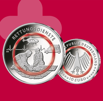 Vorder-und Rückseite der 10-Euro-Polymerring-Sammlermünze Rettungsdienste auf rotem Hintergrund