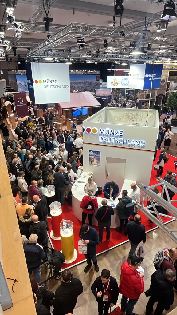 Blick auf den Stand der Münze Deutschland bei der World Money Fair 2026. 