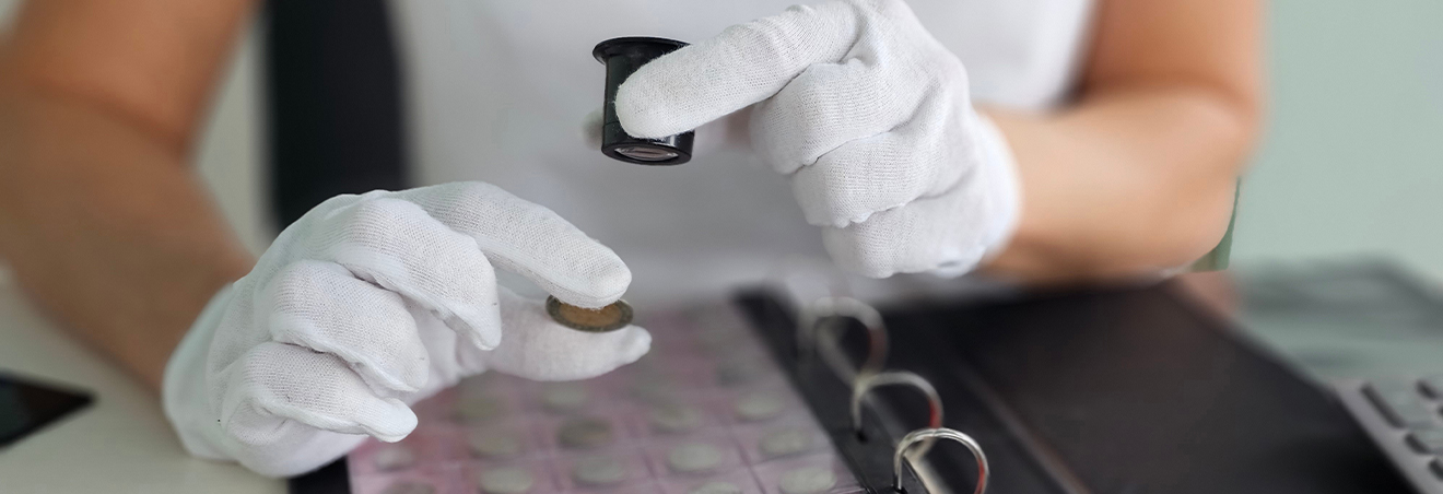 Person mit weißen Handschuhen betrachtet eine Münze unter der Lupe