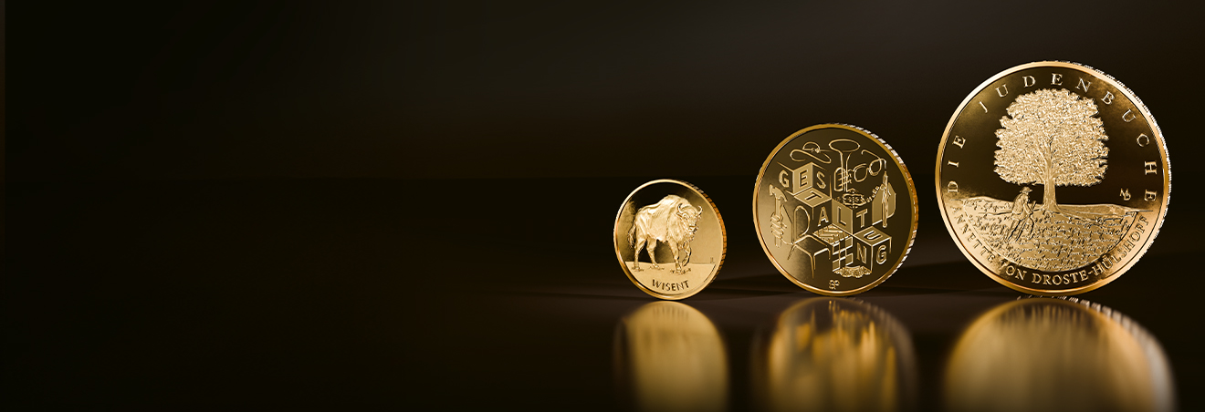 Darstellung der drei hochwertig glänzenden deutschen Goldmünzen des Jahres 2026