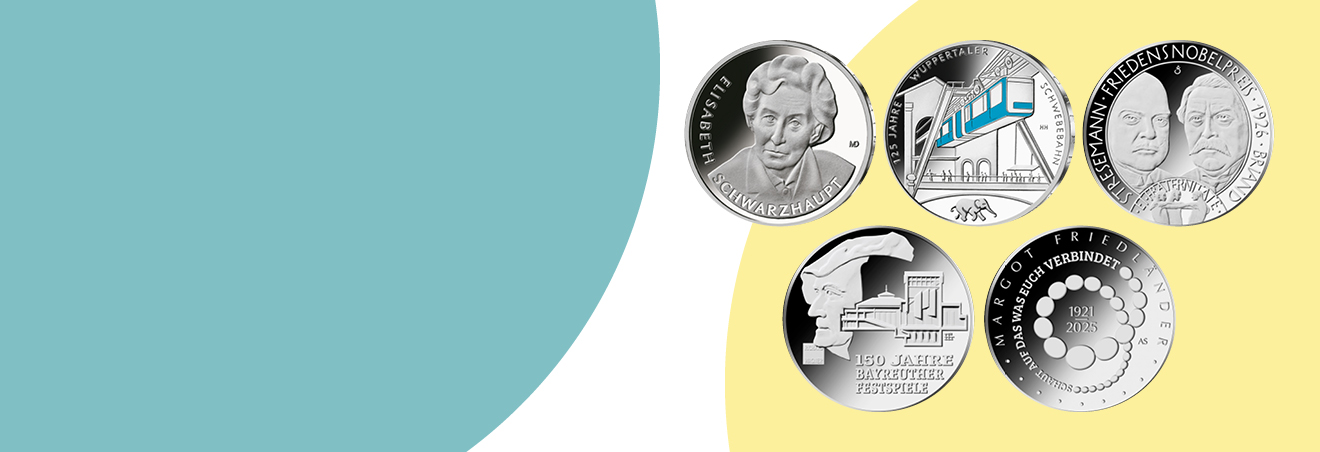 Collage der fünf deutschen Sterlingsilbermünzen des Jahres 2026