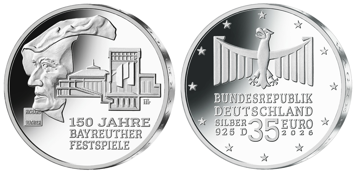 Bild- und Wertseite der 35-Euro-Silbermünze "150 Jahre Richard-Wagner-Festspiele Bayreuth"