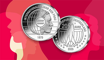 Grafische Silhouetten von Frauenköpfen mit der Münze 50 Jahre Internationales Jahr der Frau.
