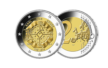 Bild- und Wertseite der 2-Euro-Gedenkmünze „1275. Geburtstag Karl der Große“ von 2023