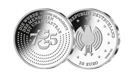 Bild- und Wertseite der 20-Euro-Silbermünze „75. Jahre Grundgesetz“