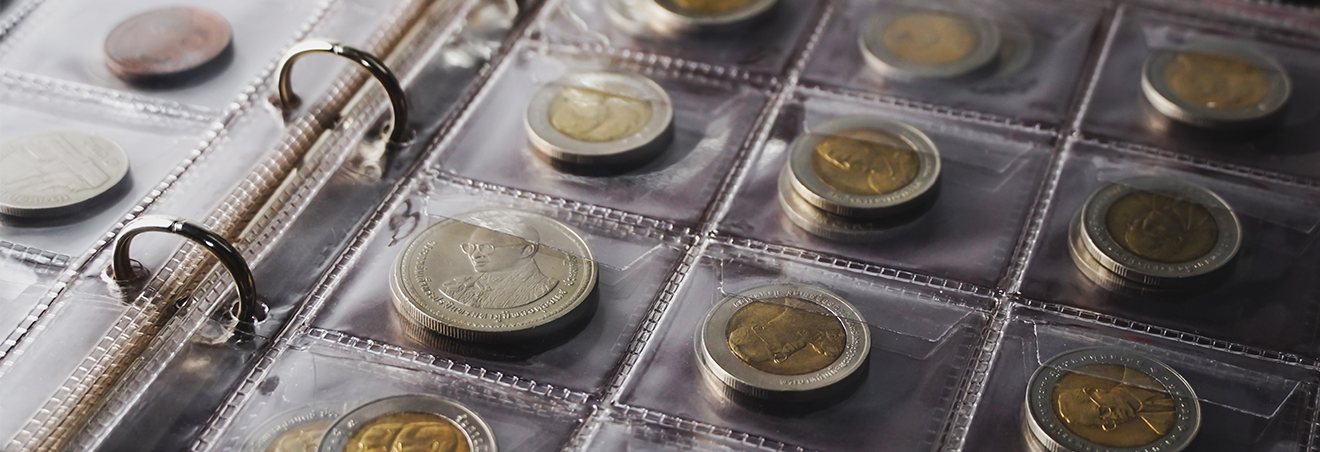 Verschiedene Münzen in Klarsichthüllen im Sammelalbum
