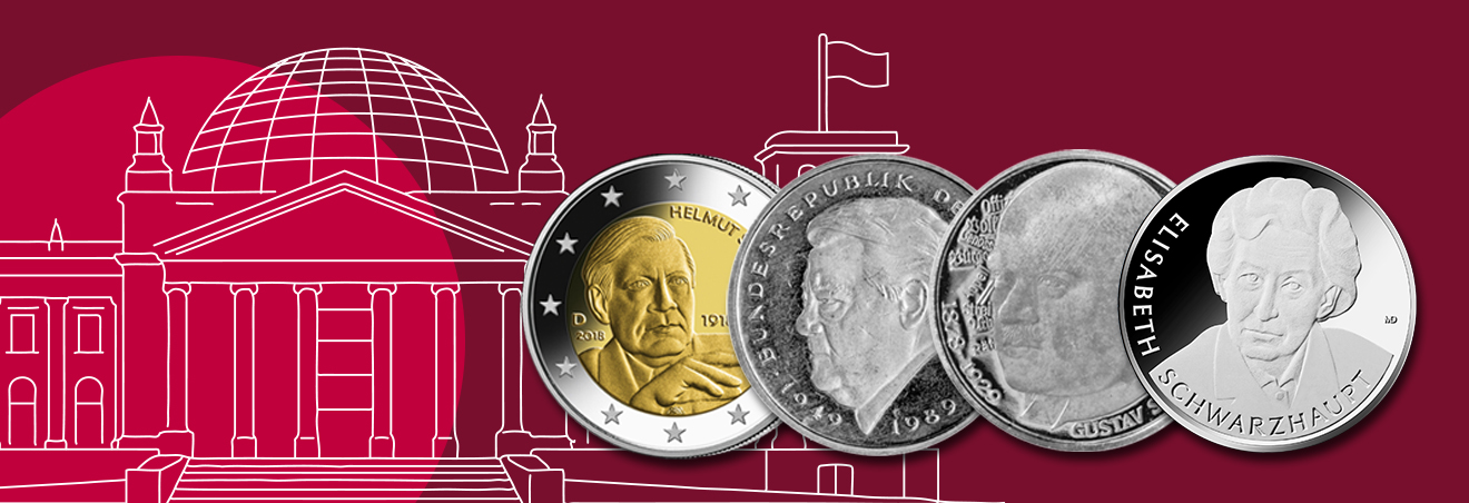 Collage mit vier Münzen, die Politiker-Konterfeis zeigen, vor einer Illustration des Reichstagsgebäudes