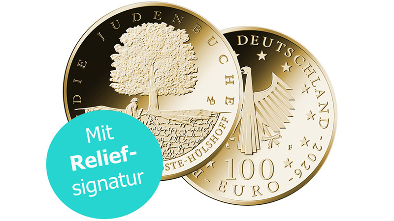 Die 100-Euro-Goldmünze „Judenbuche“ ist die erste Münze, die mit der neuen Reliefsignatur ausgegeben wird.