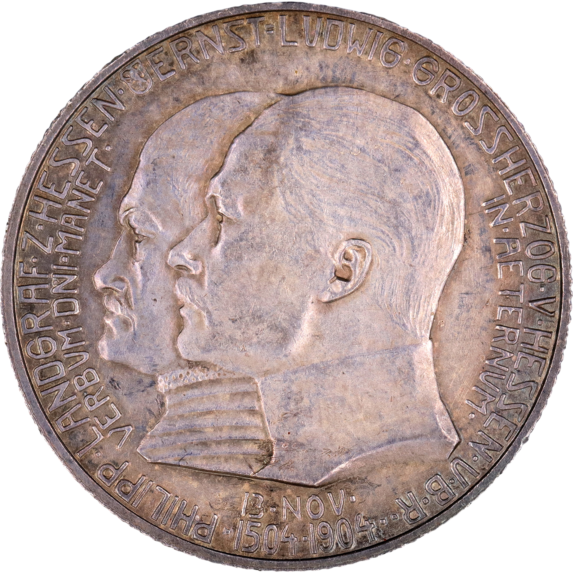 Typische Patina auf einer 5-Mark-Silbermünze aus dem Großherzogtum Hessen