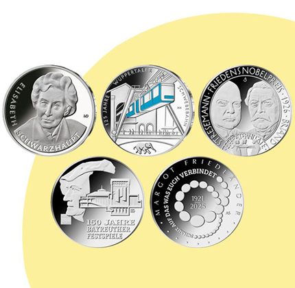 Collage der fünf deutschen Sterlingsilbermünzen des Jahres 2026