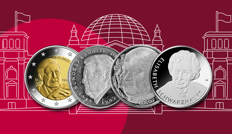 Collage mit vier Münzen, die Politiker-Konterfeis zeigen, vor einer Illustration des Reichstagsgebäudes