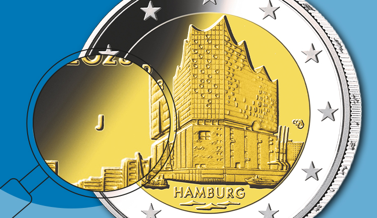 Grafik mit einer 2-Euro-Sammlermünze „Bremen“ und Fokus auf das Münzzeichen „J“.