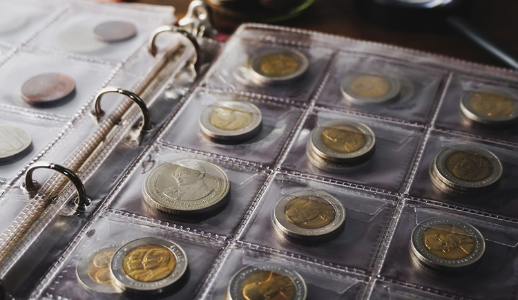 Verschiedene Münzen in Klarsichthüllen in einem Sammelalbum