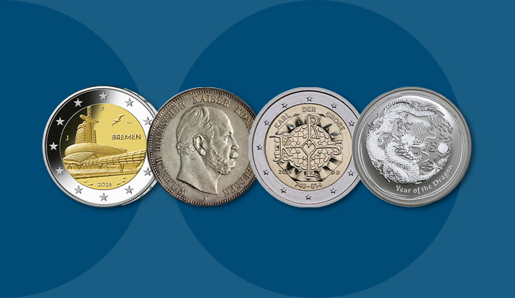 Collage mit vier Münzen auf blauen Hintergrund