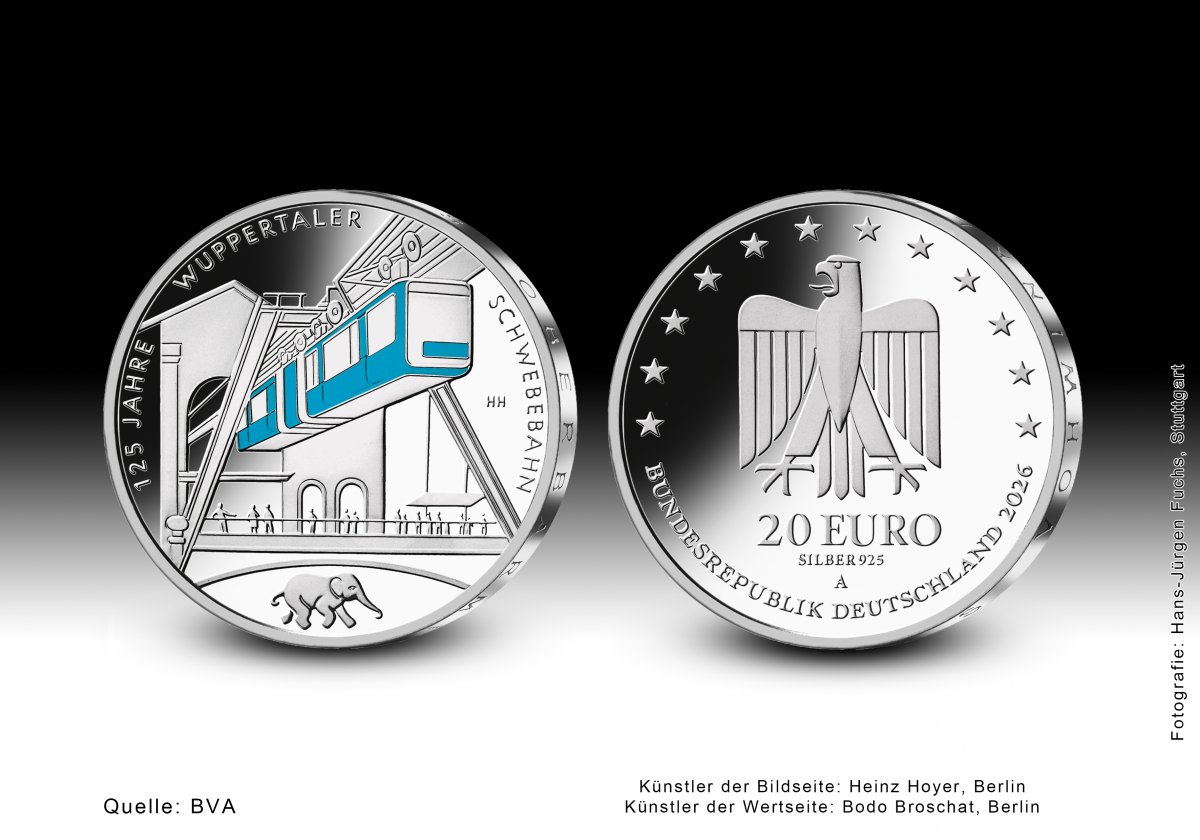 Download 20-Euro-Sammlermünze 2026 "125 Jahre Wuppertaler Schwebebahn" 