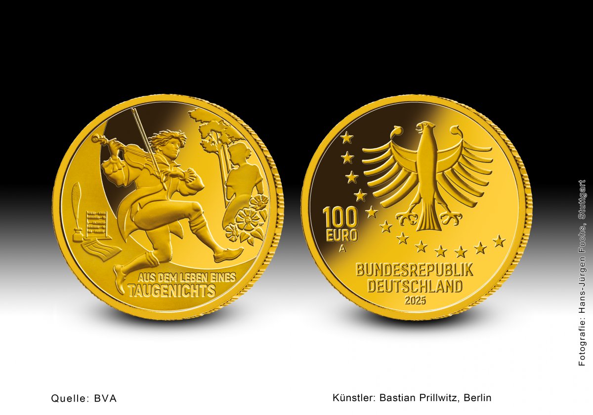 Download 100-Euro-Goldmünze 2025 "Meisterwerke der deutschen Literatur - Aus dem Leben eines Taugenichts" 