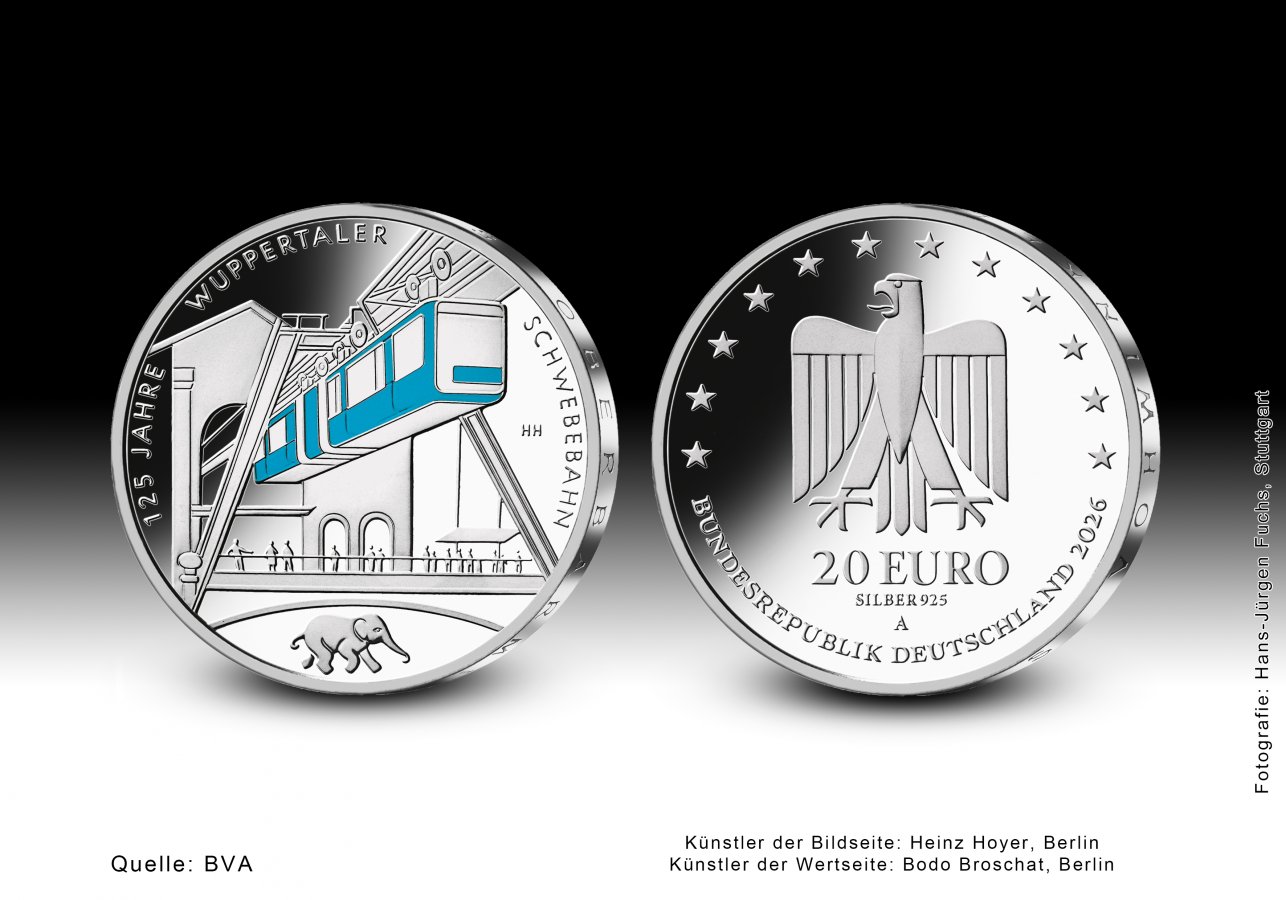 Download 20-Euro-Sammlermünze 2026 "125 Jahre Wuppertaler Schwebebahn" 