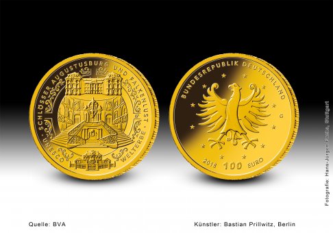 Download 100 euro gold coin 2018 "UNESCO Welterbe - Schlösser Augustusburg und Falkenlust in Brühl" 