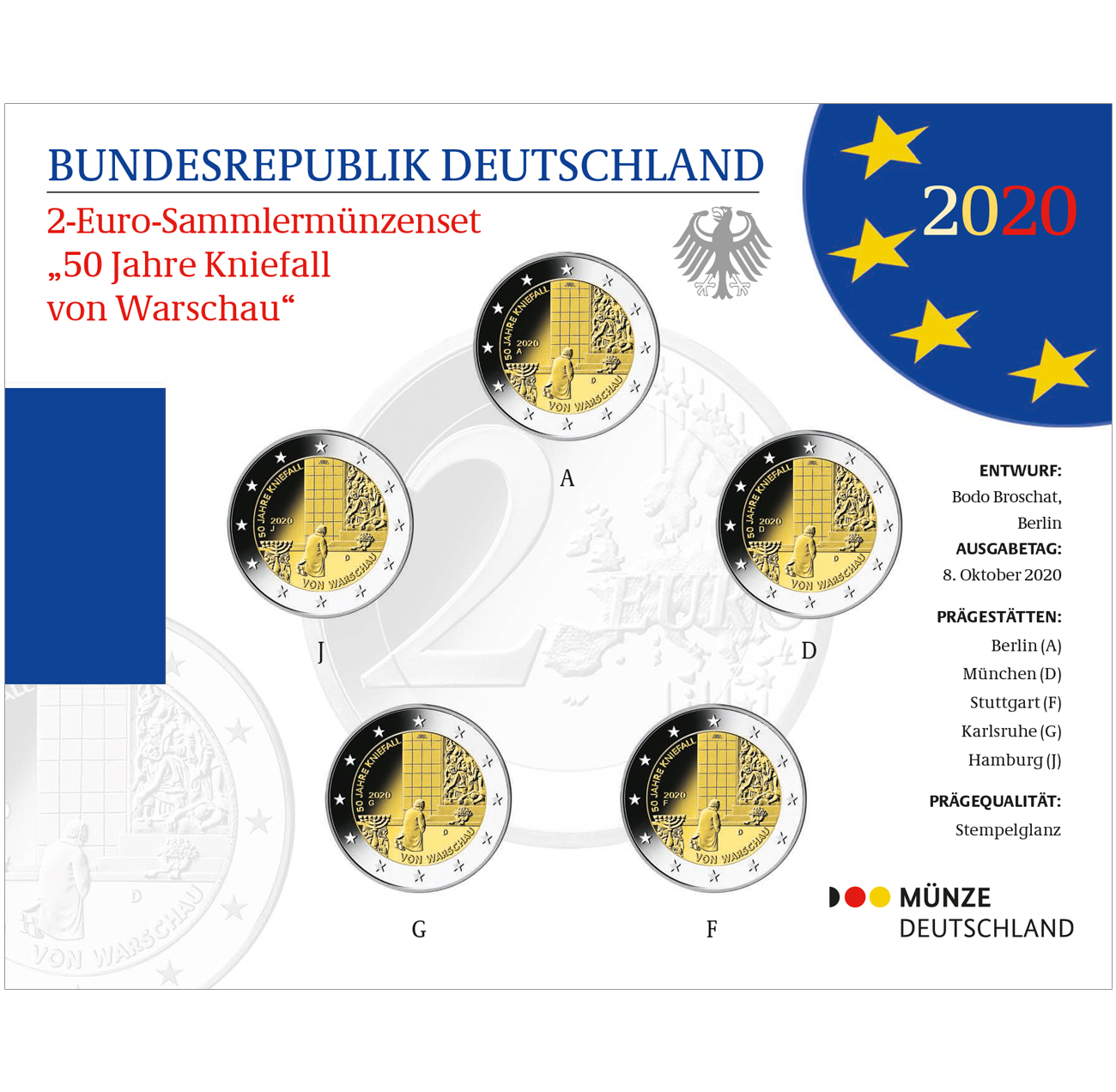 2 Euro 50 Jahre Kniefall Von Warschau 2020 F Münze Deutschland | 2-Euro-Sonderset 2020 "50 Jahre Kniefall von